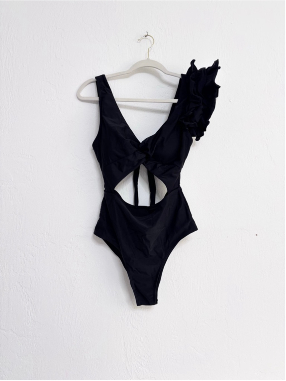 Women's Sporlike Black One-Piece Swimsuit with Statement Ruffle Detail Size L
